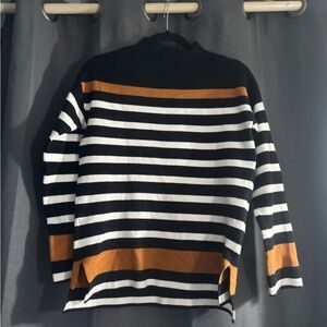 Jones NY Black and White Striped Sweater with Orange/Tan Detail